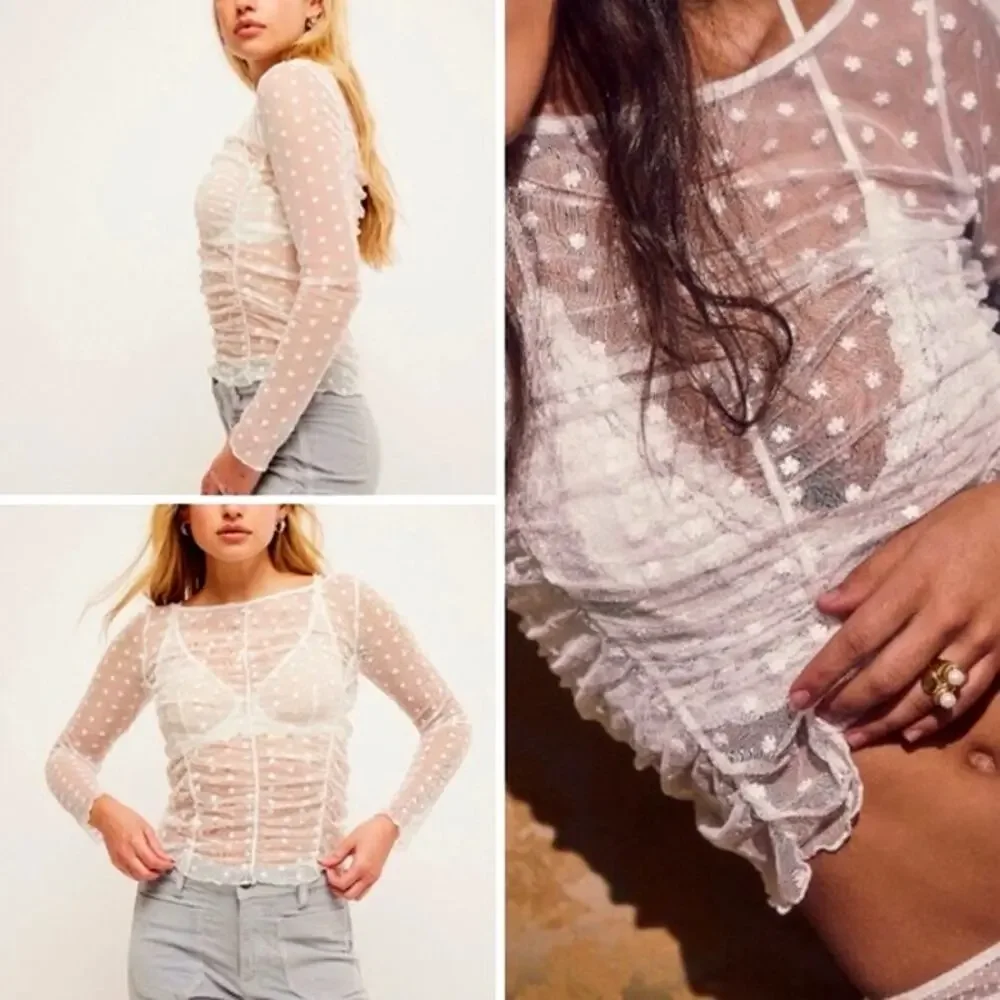 Free People Most Likely Layering Top NWT Size Small Daisy Mesh Sheer Long Sleeve